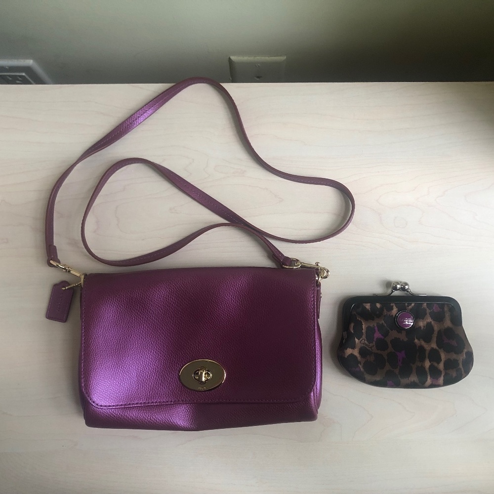 Sale! New Coach Violet Leather Crossbody  with Coach Leopard Coin Purse Set
